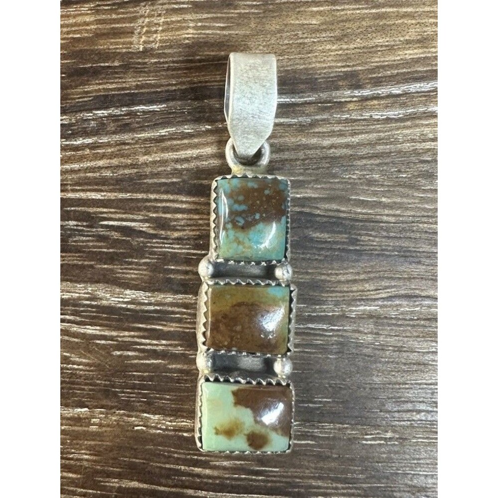 Native Southwest Style Sterling Silver Pilot Mountain Turquoise 3 Stone Pendant